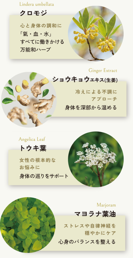 クロモジ ショウキョウエキス（生姜） トウキ葉 マヨラナ葉油